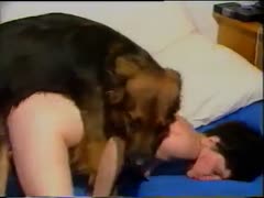Amateur brunette with a curvy body gets her dog lying on her and fucking her pussy